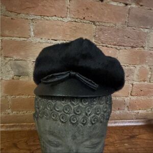 Vintage Union Made Beaver Fur Beret Hat with Leather Trim